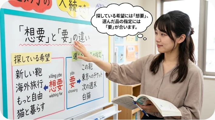 中国の衣料品店で黒いコートについて店員に尋ねる日本人学習者