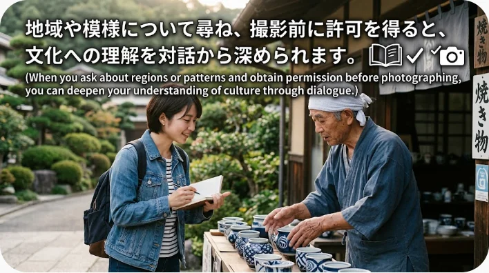 雲南省の文化市場で学習者がタイ族の織物について質問し撮影許可を求めている場面