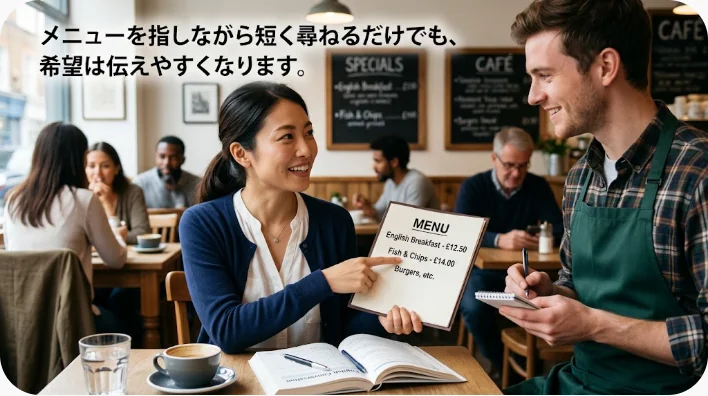 上海料理店で店員と日本人学習者がメニューを見ながら料理の量やおすすめを確認する場面