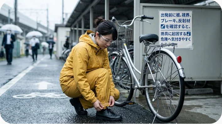 雨天に電動自転車の横で反射材付き雨具と車輪周辺を確認する利用者