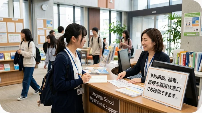 中国の運転免許手続き窓口で試験予約について質問する学習者