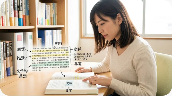 中国近代史の文章を中国語で読み、人物関係と年表を確認する学習者と講師
