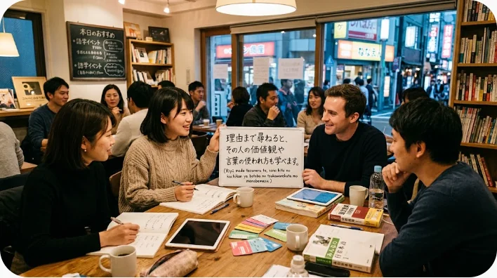中国風の茶館で好きな古典の言葉について話す二人の学習者