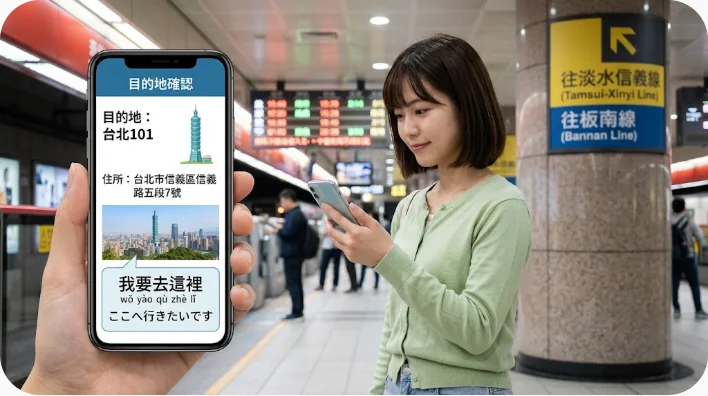 中国の路線バス車内で目的地をスマートフォンに表示して係員へ確認する学習者