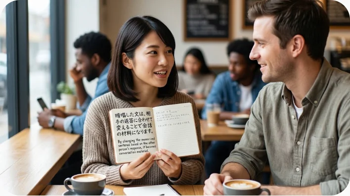 中国語の教科書と単語カードを使って会話練習をする東アジア系の成人学習者