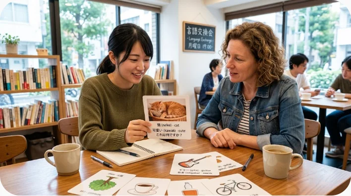 公共の書店カフェで写真カードを使い中国語と日本語を練習する成人学習者二人