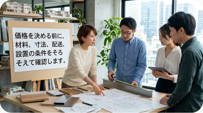中国の家具店員と日本人学習者が素材見本と注文書を確認している様子