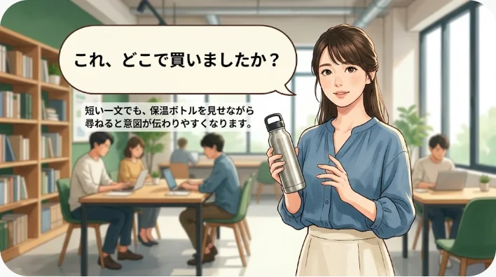 空港の案内係に保温ボトルを見せながら給湯器の場所を尋ねる学習者