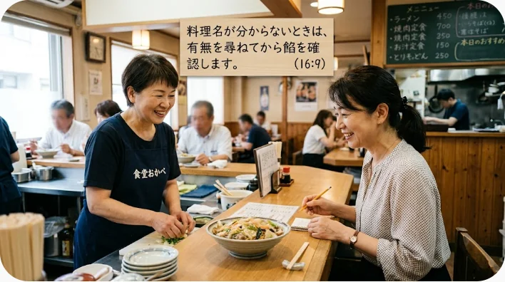 中国の餃子店で日本人学習者が店員に水餃子と焼き餃子を注文する場面