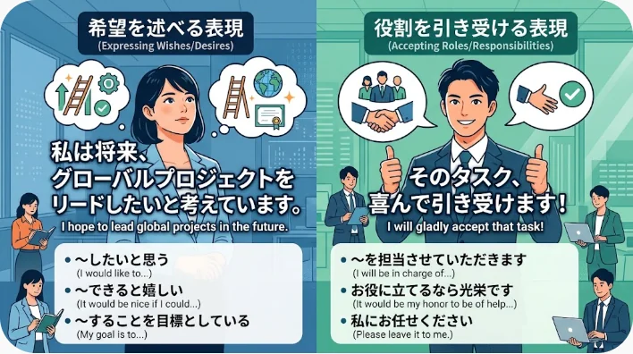 中国人の同僚と日本人学習者が出張日程と資料の担当について相談するオフィスの場面
