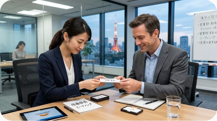 中国人の仕事関係者と日本人学習者が初対面で名刺を交換する様子