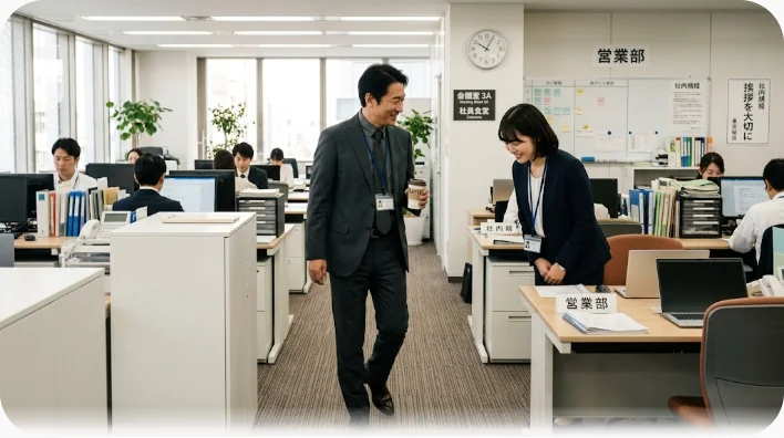 ビジネスシーンで同僚同士が礼儀正しくかつ親しみを持って挨拶を交わす様子
