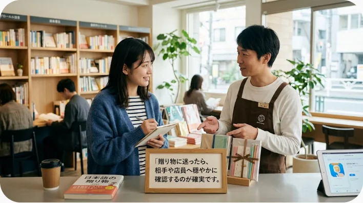 中国風の店で時計や傘や果物などの贈り物を比較する学習者と店員