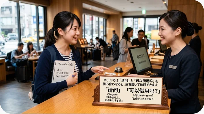 ホテルのフロントで中国語を使って充電ケーブルと傘の貸し出しを頼む日本人旅行者