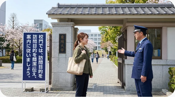 中国の大学校門で日本人学習者が警備担当者に見学の可否を尋ねる場面