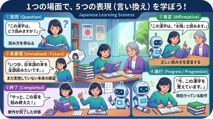 中国の飲食店で店員と日本人学習者が食事について中国語で会話する場面