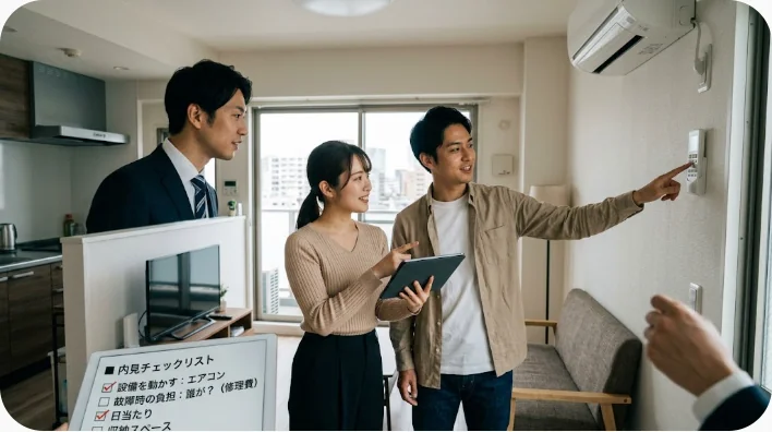 中国の賃貸住宅の内見で蛇口、給湯器、洗濯機などを確認する入居希望者と担当者