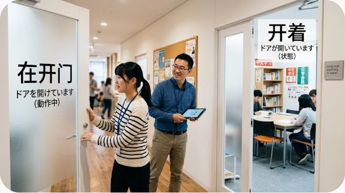 ドアを開けている動作とドアが開いた状態を左右で比較する場面