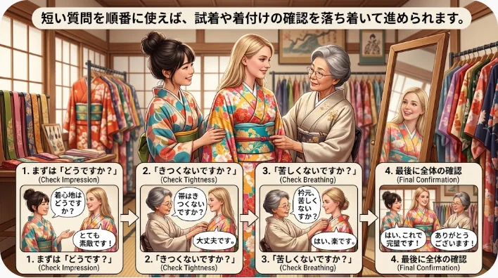 中国の漢服レンタル店で店員が日本人学習者の腰帯を整えている場面