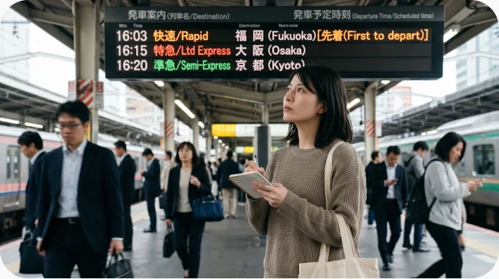 発車直前の中国の鉄道ホームで旅行者と駅員が会話する場面