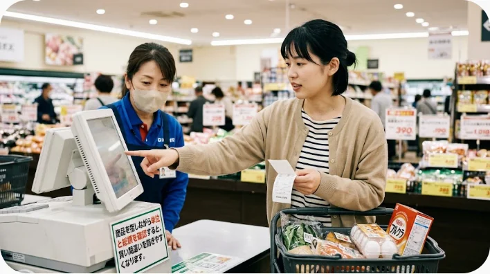 中国の市場で量り売り野菜の値段を尋ねる日本人学習者と店員
