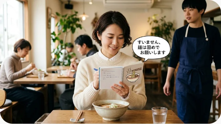 中国料理店で日本人学習者が店員に酢や辛さの希望を伝えている場面