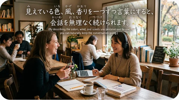 赤いカエデと黄金色のイチョウがある秋の公園で会話する成人二人