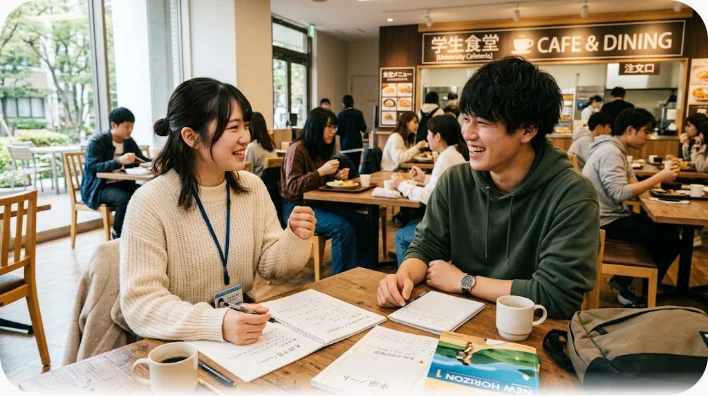 大学のカフェテリアでリラックスして笑顔で会話を楽しむ東アジアの友人たち