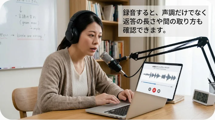 日本人の中国語学習者がスマートフォンで自分の音読を録音している場面