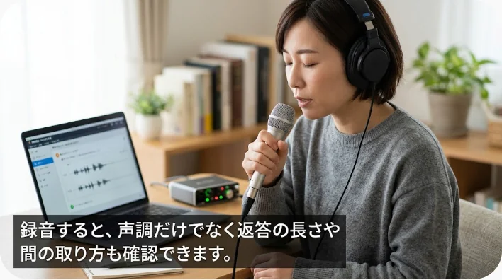 日本人の中国語学習者がスマートフォンで自分の音読を録音している場面