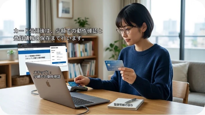 中国の銀行カードを受け取った日本人がスマートフォンで銀行アプリとモバイル決済の設定を確認する様子