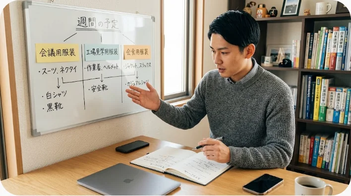 中国出張前にスーツケースの服装と持ち物を確認する日本人ビジネスパーソン