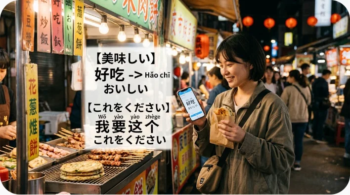 安全な川沿いの公園でスマートフォンを使って中国語フレーズを復習する日本人成人学習者
