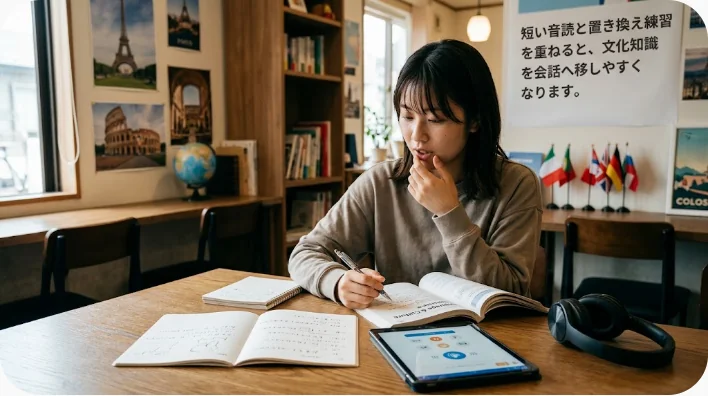 日本人の中国語学習者が春のカフェでピンイン付きフレーズを復習する場面