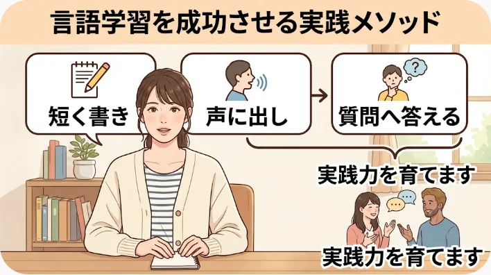日本人の中国語学習者が文化案内のカードと録音機能を使って練習している様子
