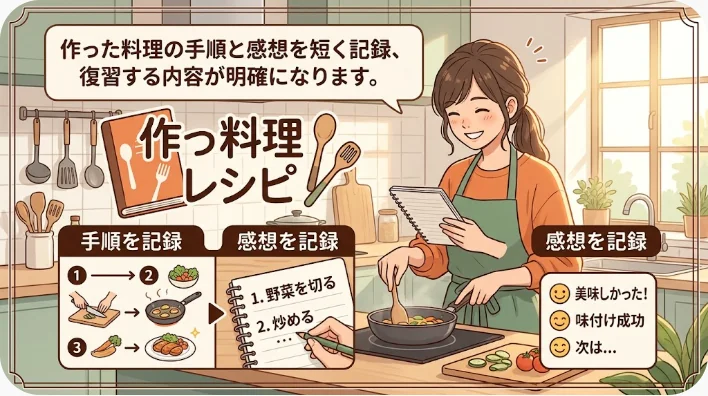 日本人の成人学習者が料理の横で中国語の単語カードとノートを復習している画像