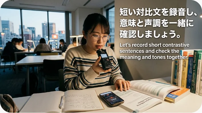 自宅で中国語の否定文を音読して録音する日本人成人学習者