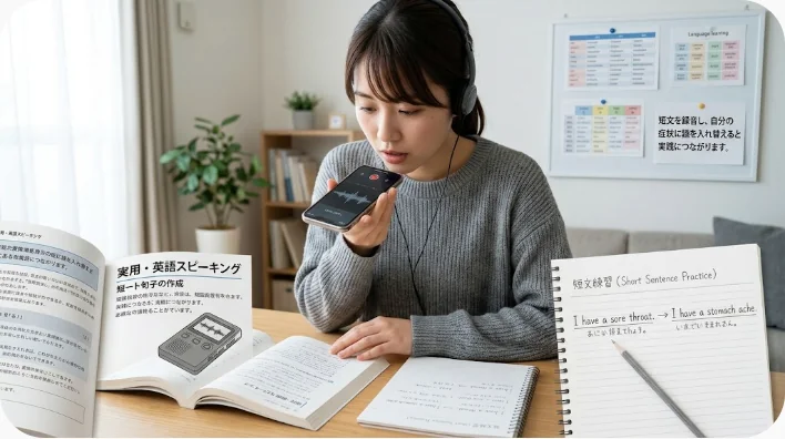 自宅で中国語の花粉症フレーズを音読して録音する日本人学習者