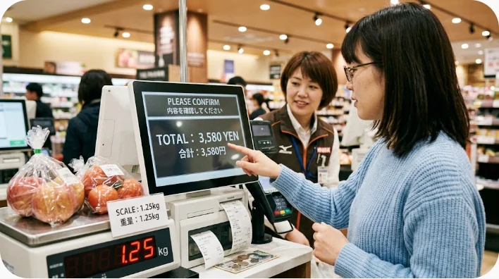 中国の野菜売り場で日本人学習者が電子秤の金額を店主と確認している場面