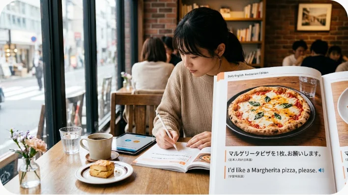日本人学習者が中国のケーキ単語をノートとカードで復習している様子