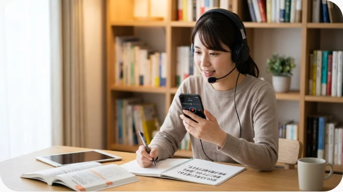 日本人の中国語学習者が在の四つの語順を音読して録音している学習風景
