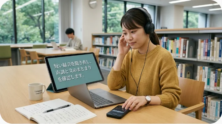 自宅の机でスマートフォンに中国語の音読を録音する日本人学習者