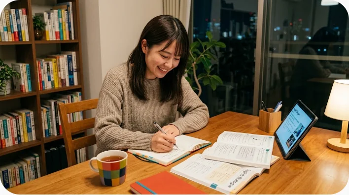 中国でのデート後にメッセージと中国語表現を復習する日本人学習者