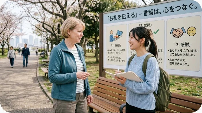 日本人と中国人の成人の友人たちが安全な広場で撮影後の集合写真を確認する場面