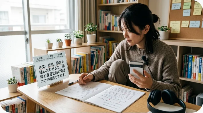 ノートと行動カードと録音用スマートフォンで中国語の連動文を復習する日本人学習者