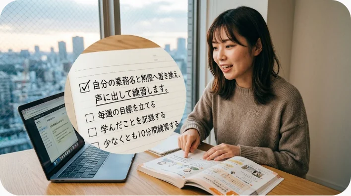 机でフレーズカードを見ながらビジネス中国語を音読する日本人学習者