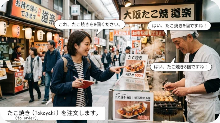 日本人の中国語学習者がピンインのノートと録音機能を使って上海料理の注文表現を練習する場面