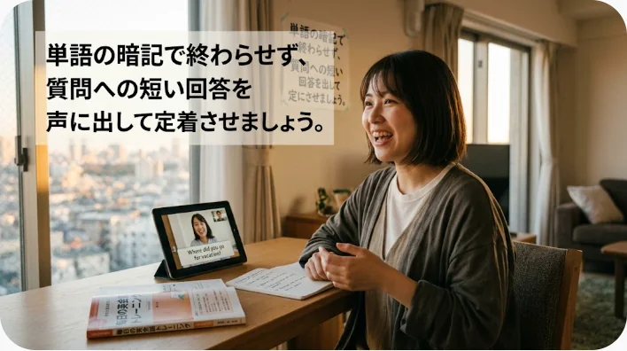 机で寒食節の中国語語彙と発音を復習する日本人の成人学習者