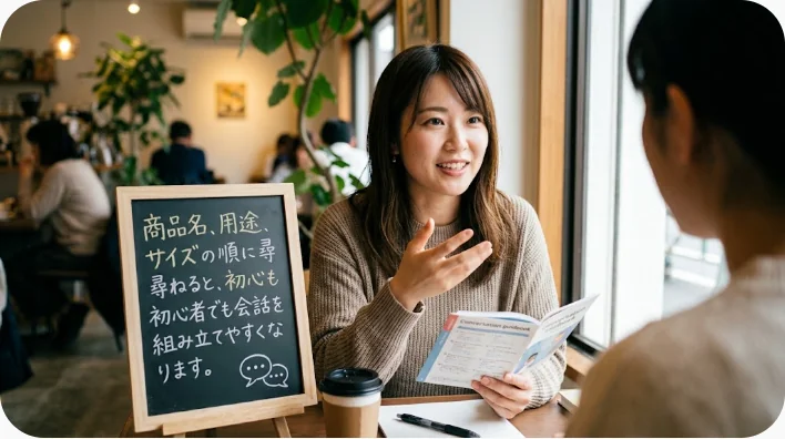 中国の雨具店で折りたたみ傘について店員へ質問する日本人学習者