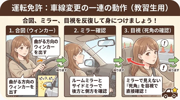 中国の教習車で発進前にミラーと死角を確認する学習者